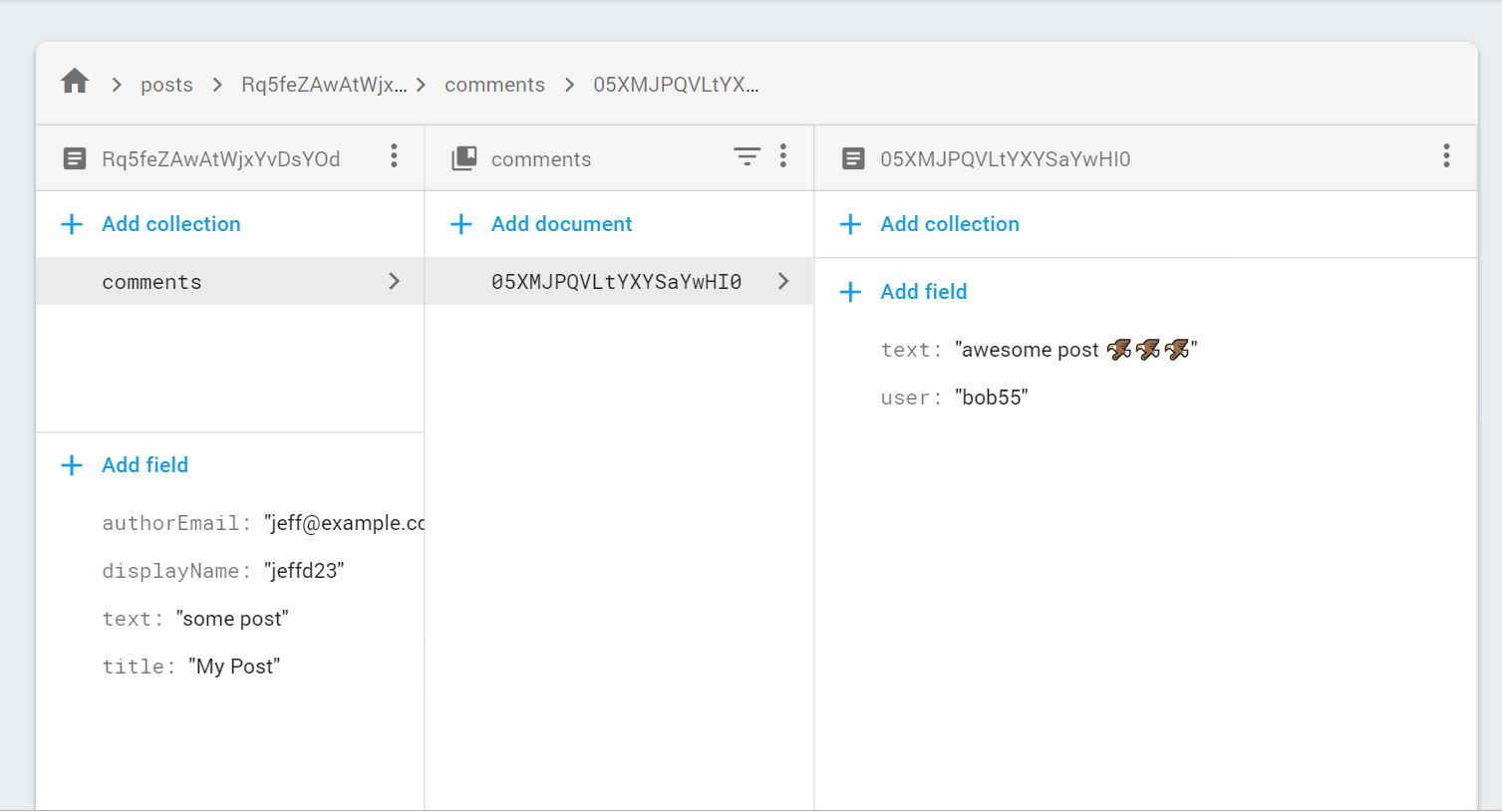 Firestore data model for posts/comments. Email will send when a new comment is created.