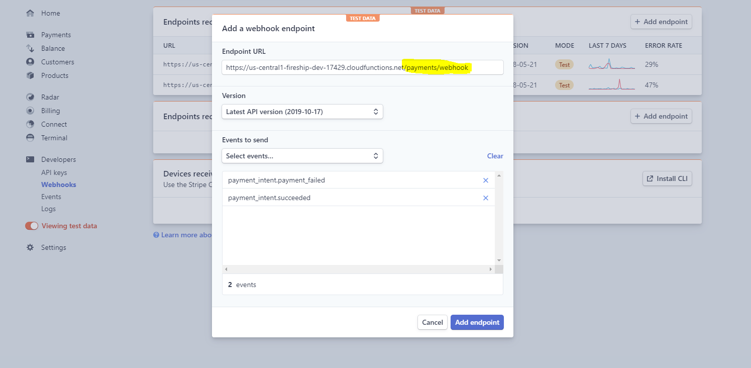 Create a webhook that points to your deploy Cloud Function endpoint